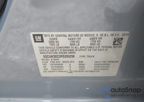 2015 Chevrolet Silverado 1500 2Lz from USA, damaged, VIN 3GCUKSEC0FG289296